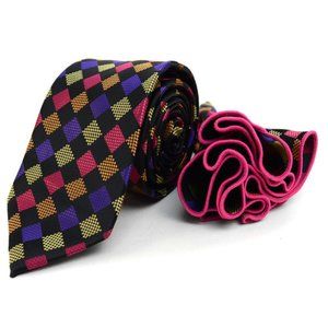 2 PC LAURANT BENNET Multi-Purple Checks Necktie & Matching Hanky Set